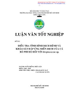 Đề tài Điều tra tình hình dịch bệnh và khảo sát đáp ứng miễn dịch của cá rô phi đỏ đối với Streptococcus Sp