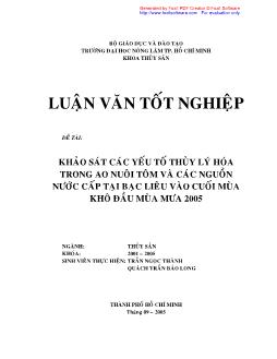 Đề tài Khảo sát các yếu tố thủy lý hóa trong ao nuôi tôm và các nguồn nước cấp tại Bạc Liêu vào cuối mùa khô đầu mùa mưa 2005