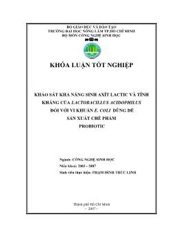 Khóa luận Khảo sát khả năng sinh Axít Lactic và tính kháng của Lactobacillus Acidophilus đối với vi khuẩn E.Coli dùng để sản xuất chế phẩm Probiotic