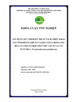 Khóa luận Xây dựng quy trình kỹ thuật tách chiết, khảo sát tính kháng khuẩn và khả năng chống oxy hóa của một số hợp chất thứ cấp từ lá cây xuân hoa (Pseudranthemum palatiferum)