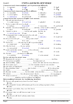 Grade 11 - Unit 11: Sources Of Energy