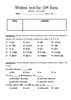 Đề kiểm tra tiếng Anh 10 written test for 10th form