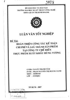 Luận văn Hoàn thiện công tác kế toán chi phí và giá thành sản phẩm tại công ty chế biến thực phẩm xuất khẩu Hùng Vương