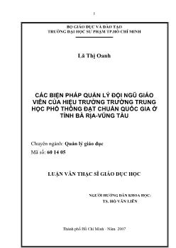 Luận văn Các biện pháp quản lý đội ngũ giáo viên của hiệu trưởng trường trung học phổ thông đạt chuẩn quốc gia ở tỉnh Bà Rịa - Vũng Tàu