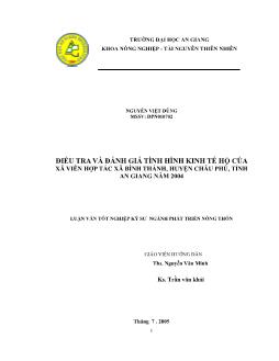 Luận văn Điều tra và đánh giá tình hình kinh tế hộ của xã viên hợp tác xã Bình Thành, huyện Châu Phú, tỉnh An Giang năm 2004