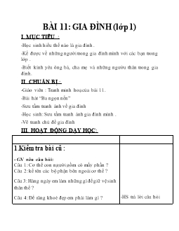 Giáo án môn Tự nhiên xã hội lớp 1 - Bài 11: Gia đình (lớp 1)