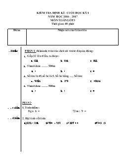 Kiểm tra định kì – Cuối học kỳ 1 năm học 2016 – 2017 môn Toán lớp 3