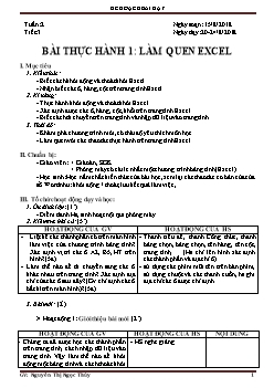 Kế hoạch bài dạy môn Tin học 7 - Bài thực hành 1: Làm quen excel