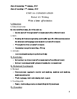 Giáo án Tiếng Anh 10 Unit 10: Conservation - Period 63: Writing Write a letter of invitation